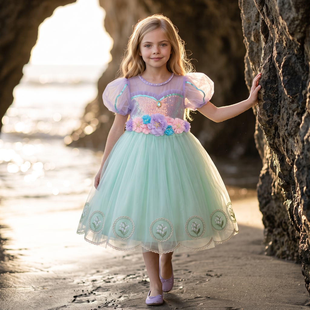 Lavender Mint Lily Dress shown on a child in a seaside cave