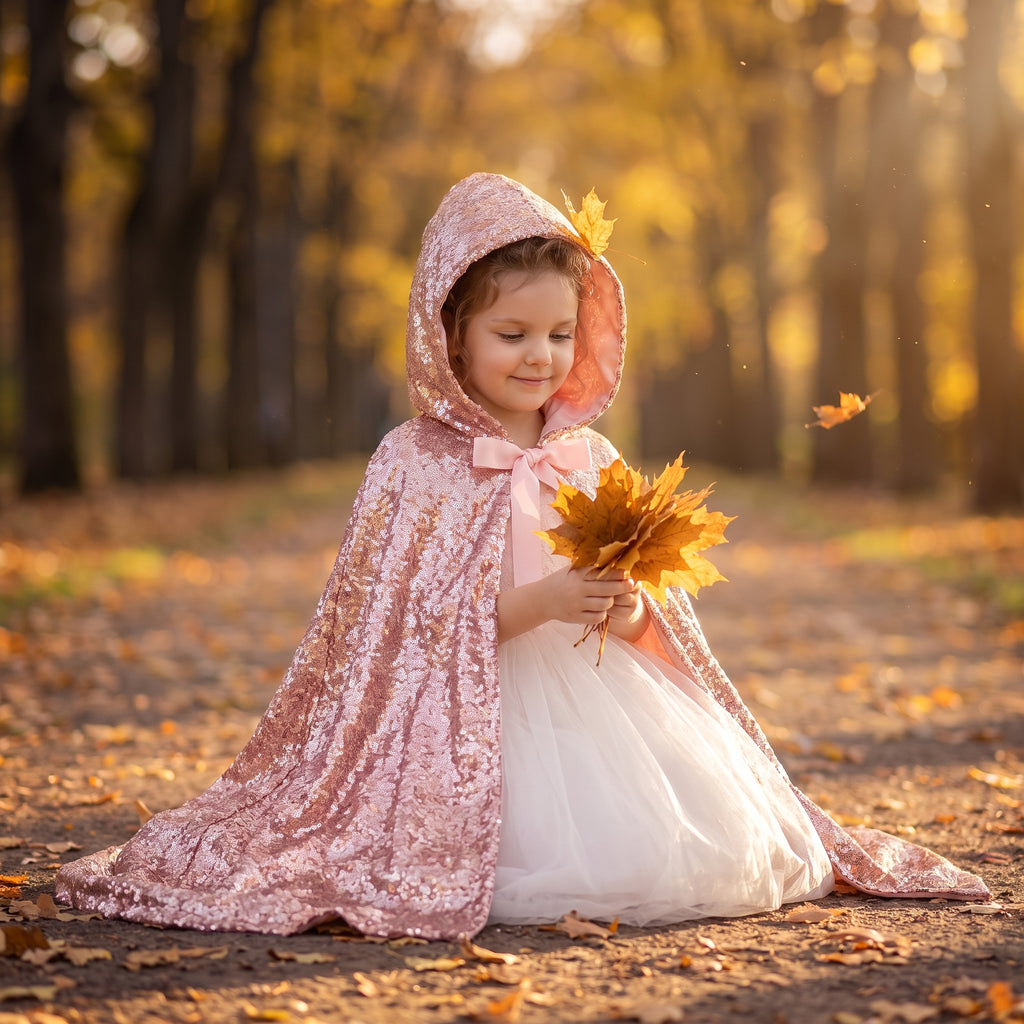 Girl kneeling in autumn leaves wearing the hooded Rose Gold Sequined Cape