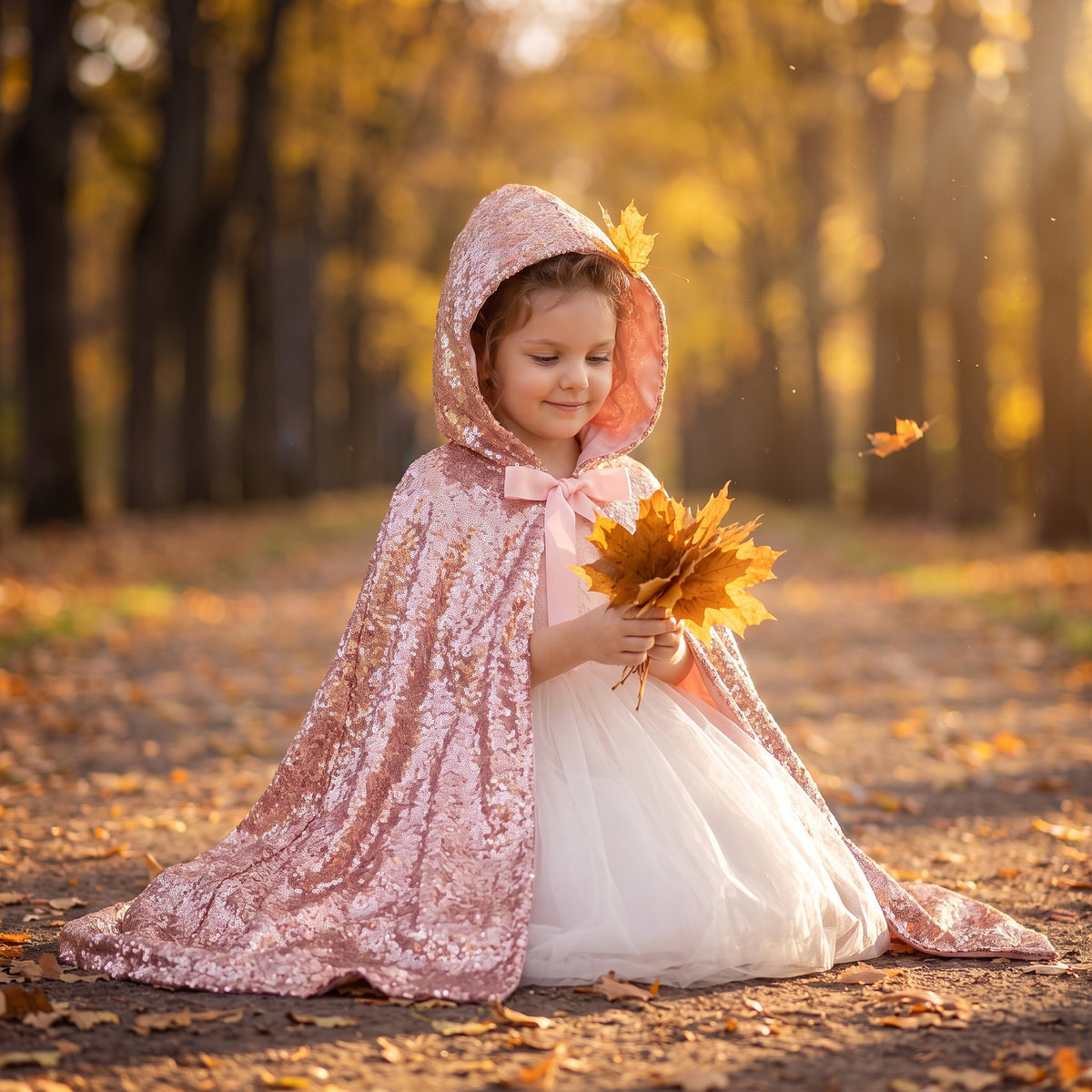 Girl kneeling in autumn leaves wearing the hooded Rose Gold Sequined Cape