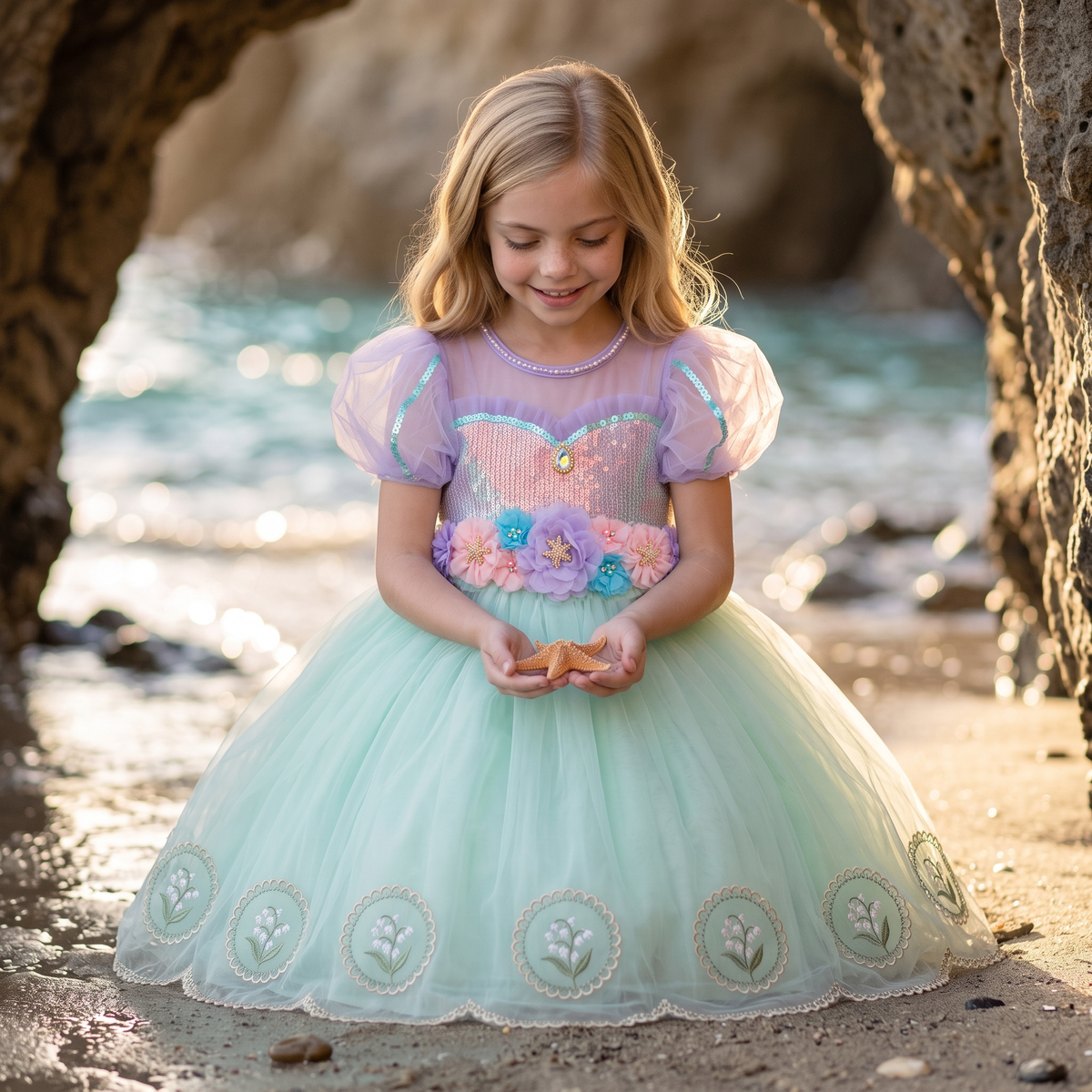 Lavender Mint Lily Dress with the mint embroidered skirt spread out