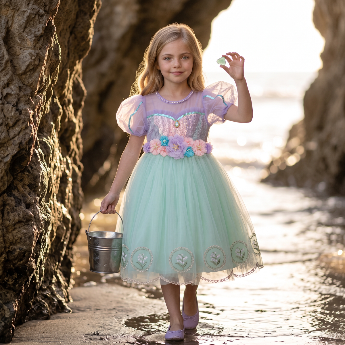 Full front view of Lavender Mint Lily Dress in a seaside setting