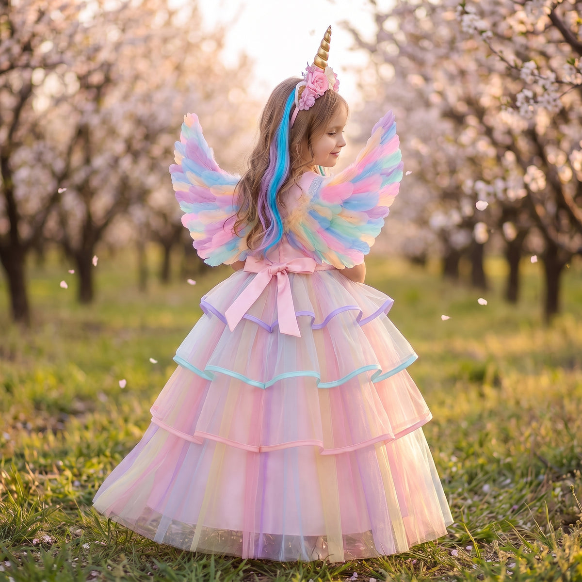 Back view of a girl in the Pink Rainbow Unicorn Ribbon Gown with pastel feather wings in a blossom orchard