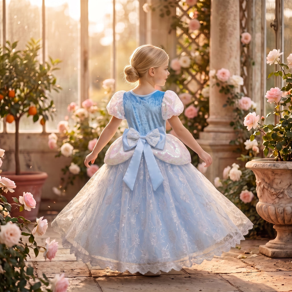 Back view of a girl in the Cinderella Midnight Ball Gown showing the wide pale blue bow