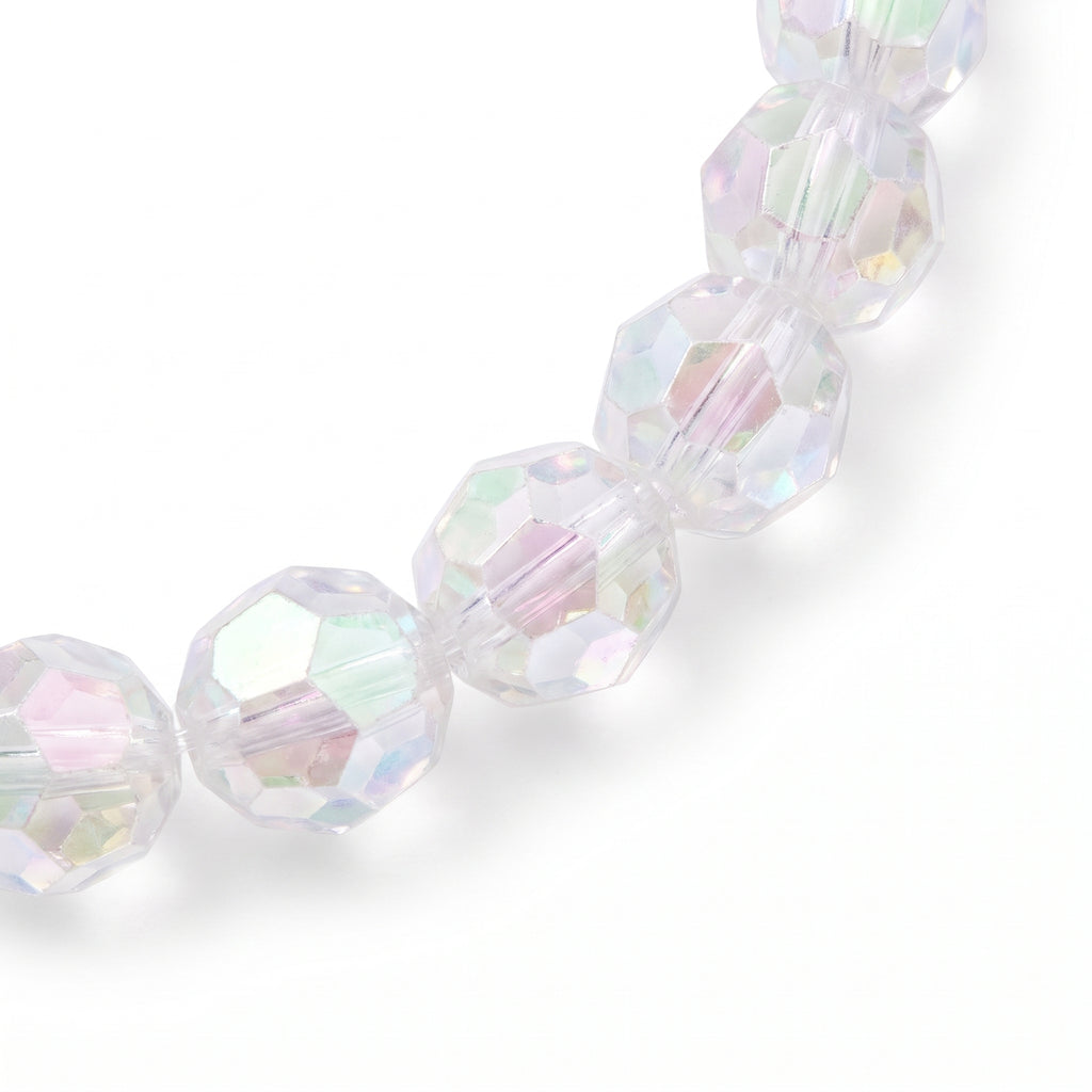 Close up of the iridescent faceted beads on the necklace