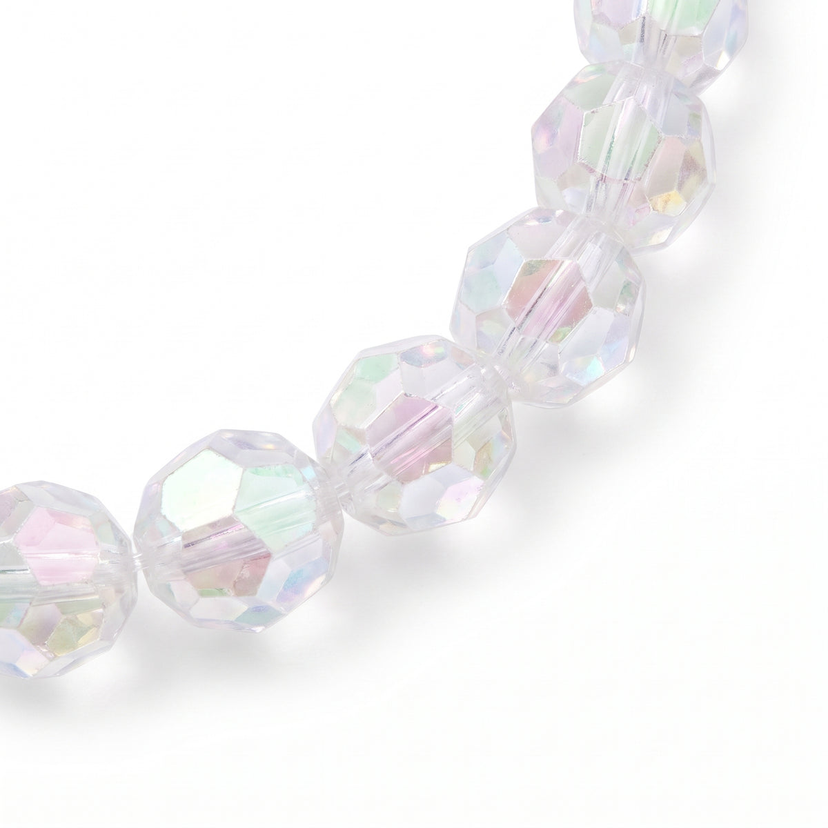 Close up of the iridescent faceted beads on the necklace