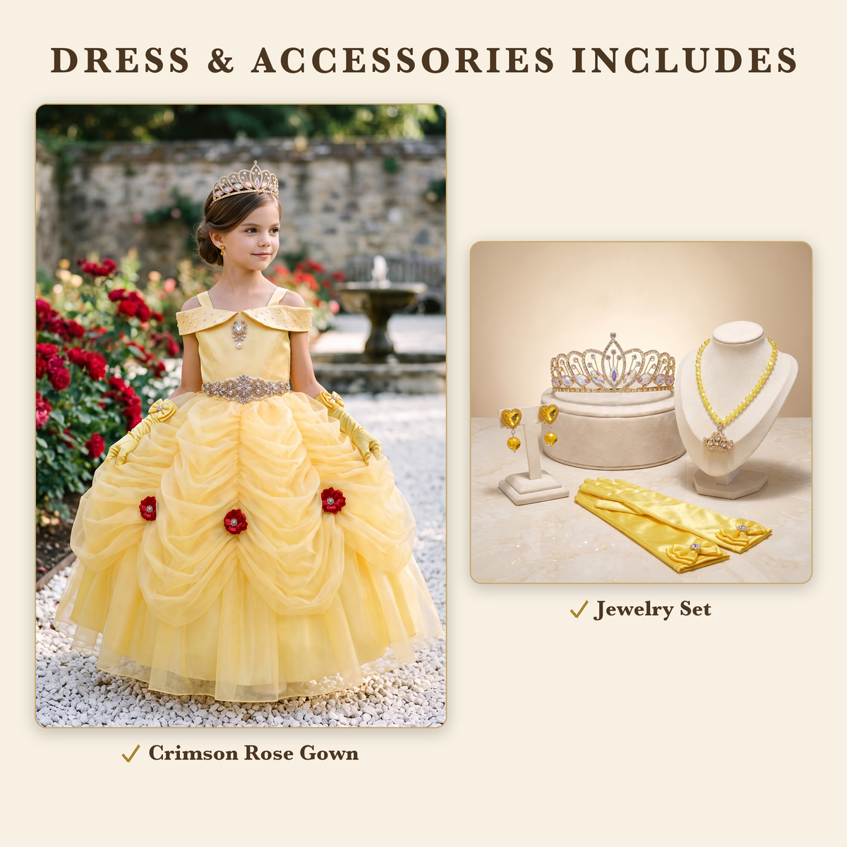 Dress and Accessories bundle includes the Crimson Rose gown and jewelry set