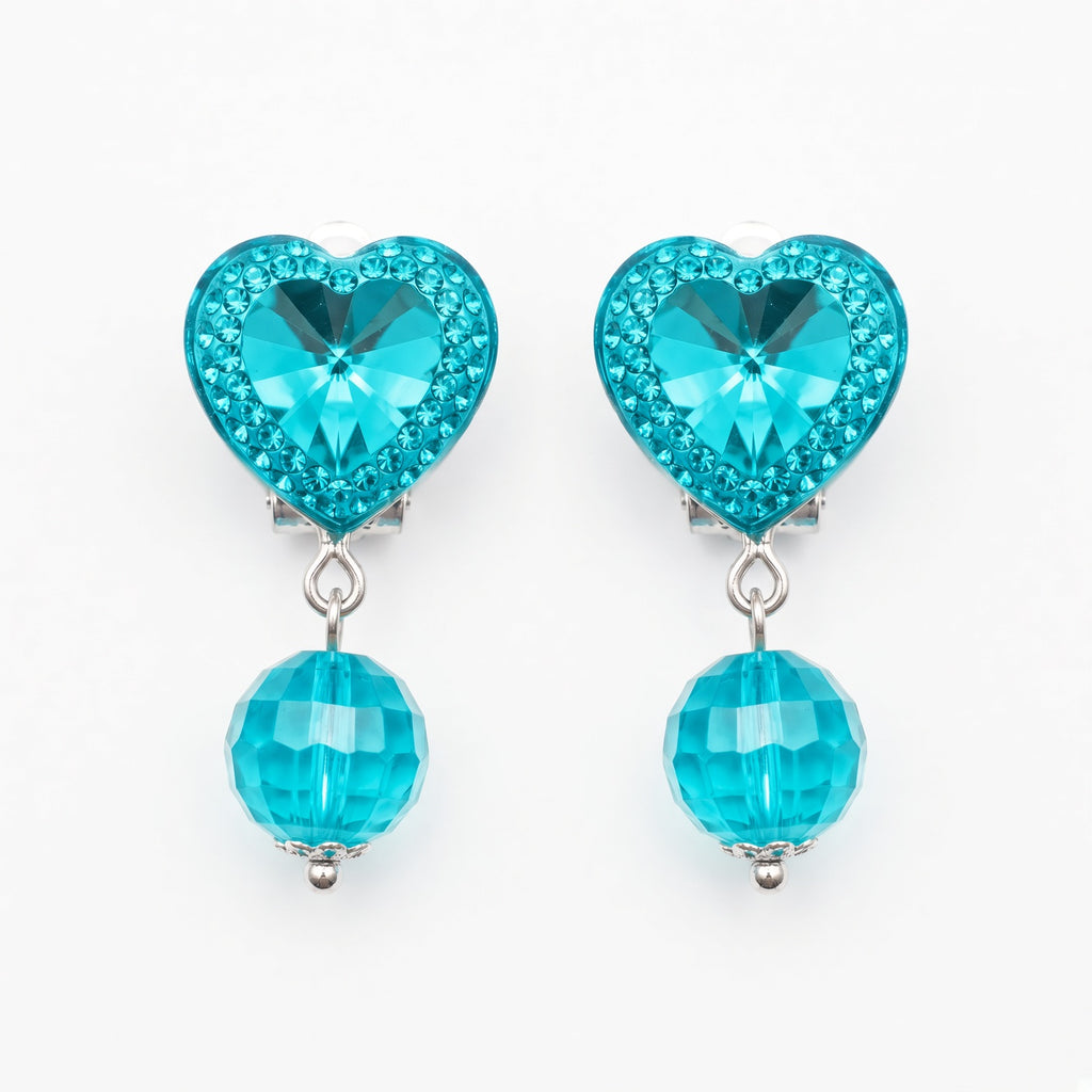 Aqua heart clip-on earrings with faceted aqua bead drops