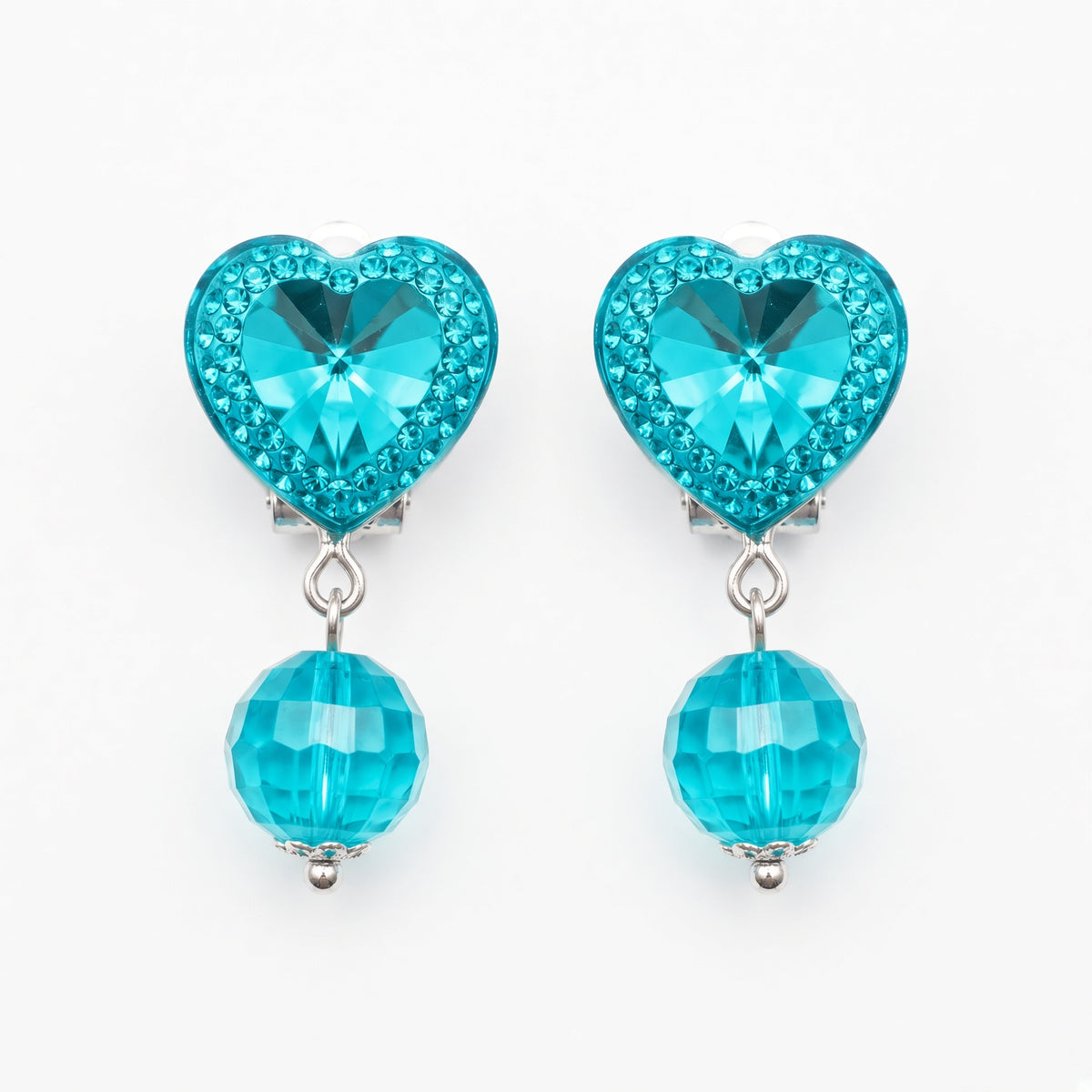 Aqua heart clip-on earrings with faceted aqua bead drops