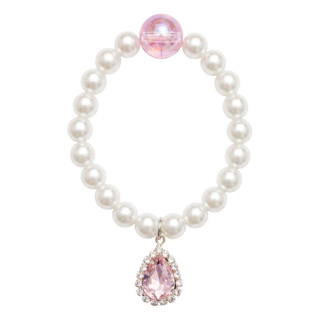 Pearl bracelet with an iridescent pink bead and a pink teardrop charm