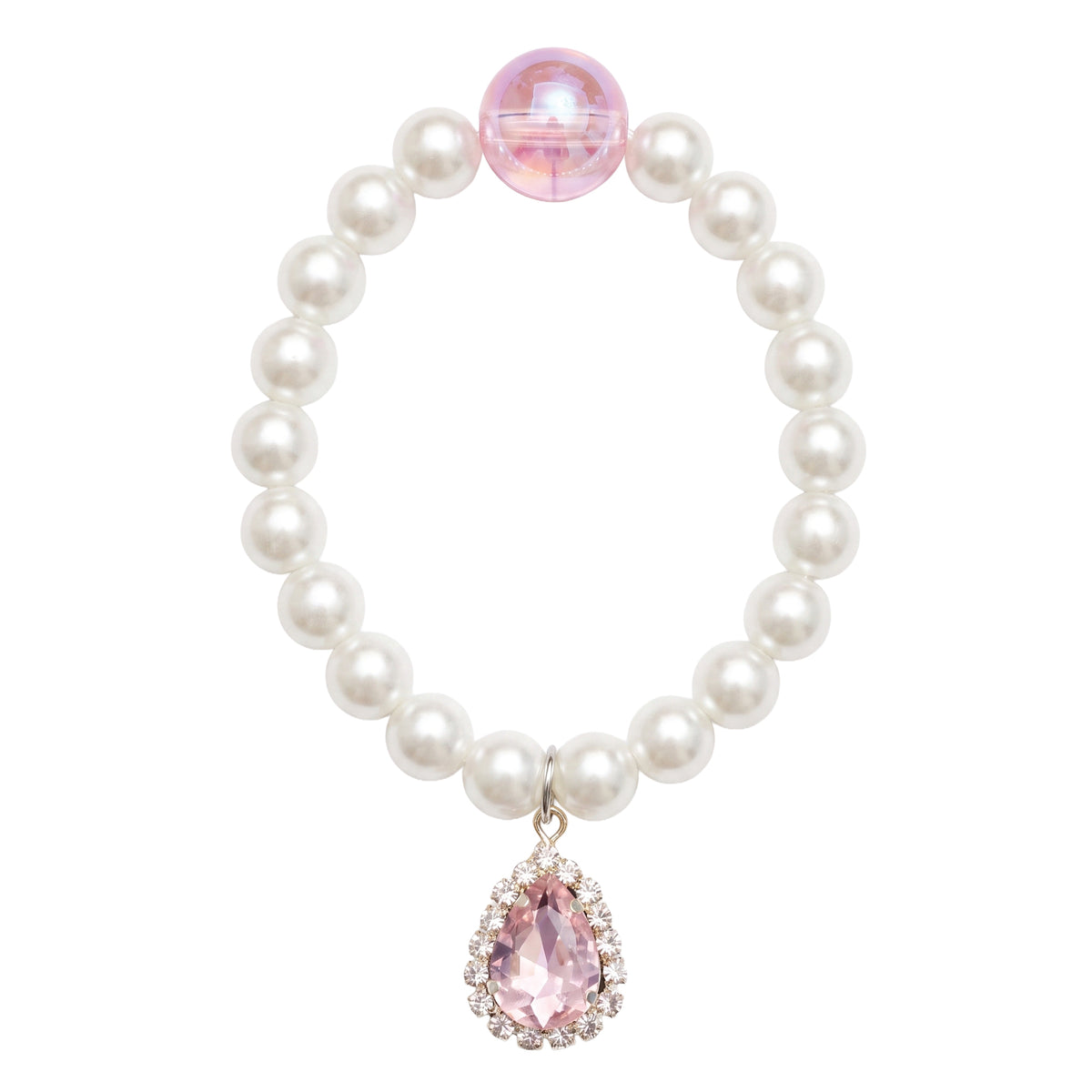 Pearl bracelet with an iridescent pink bead and a pink teardrop charm