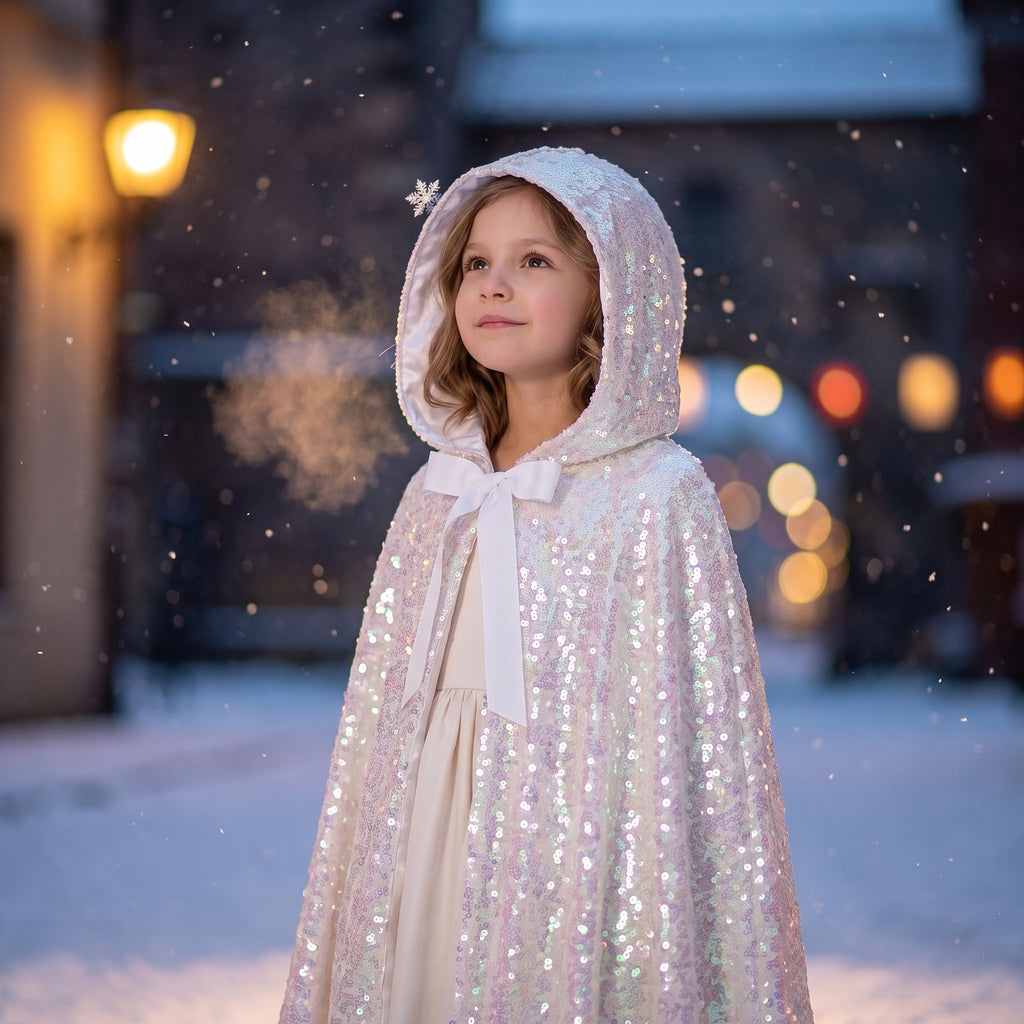 Close up of the hood up and the white satin ribbon bow on the Frostlight Cape