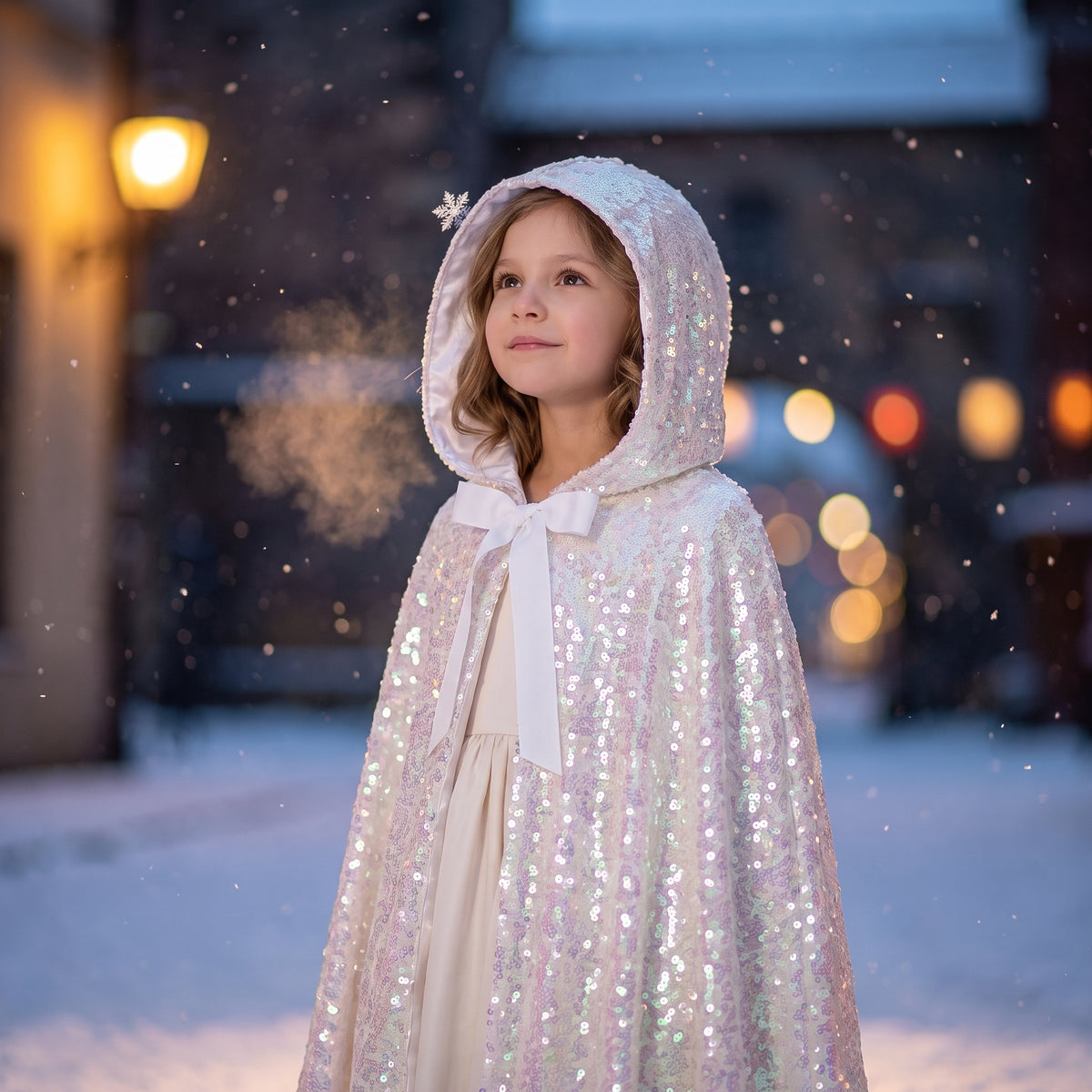 Close up of the hood up and the white satin ribbon bow on the Frostlight Cape
