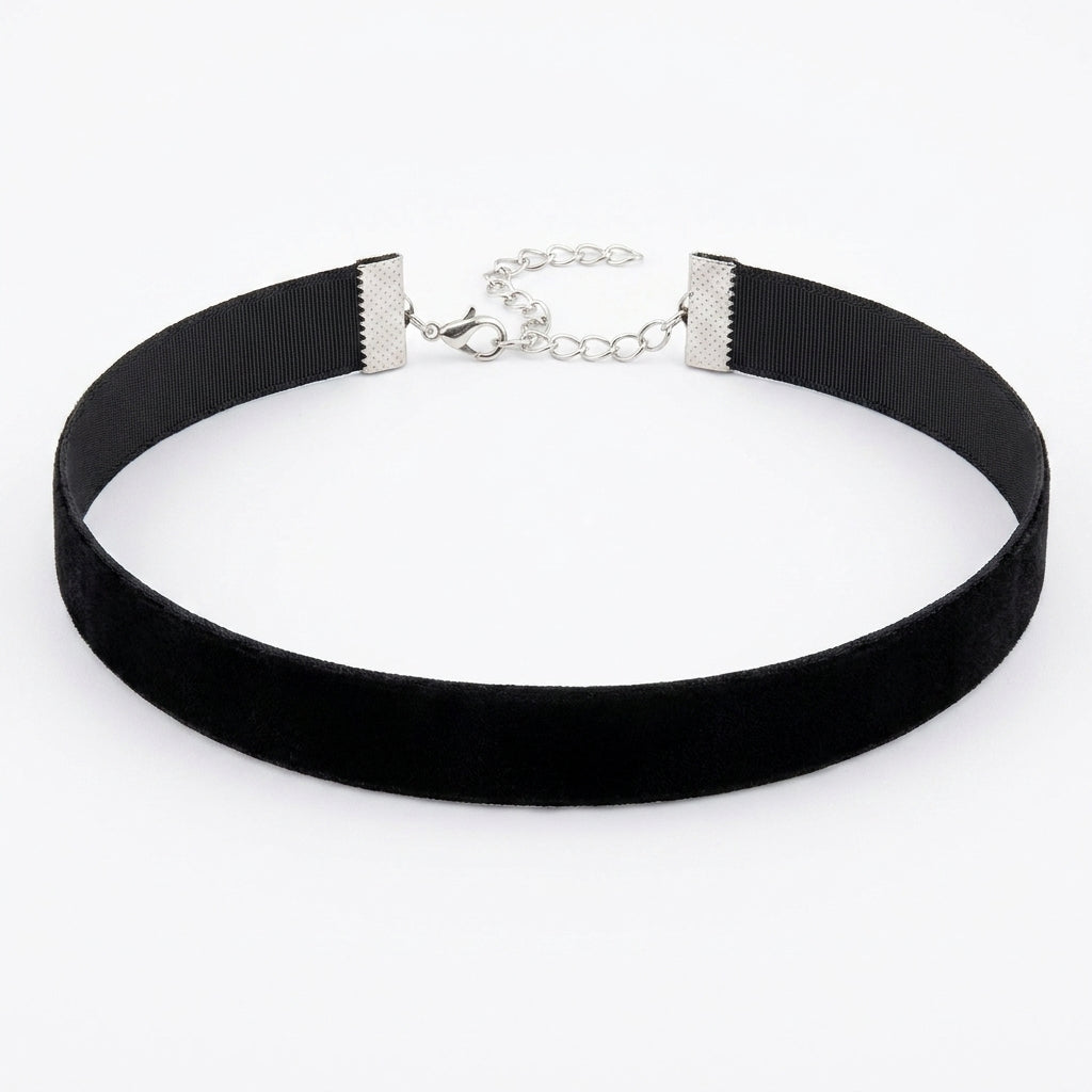 Slim black ribbon choker with a silver-tone clasp and extender chain