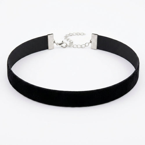 Slim black ribbon choker with a silver-tone clasp and extender chain