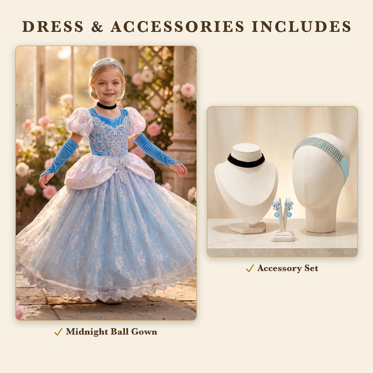 Dress and Accessories bundle includes the Midnight Ball Gown and accessory set