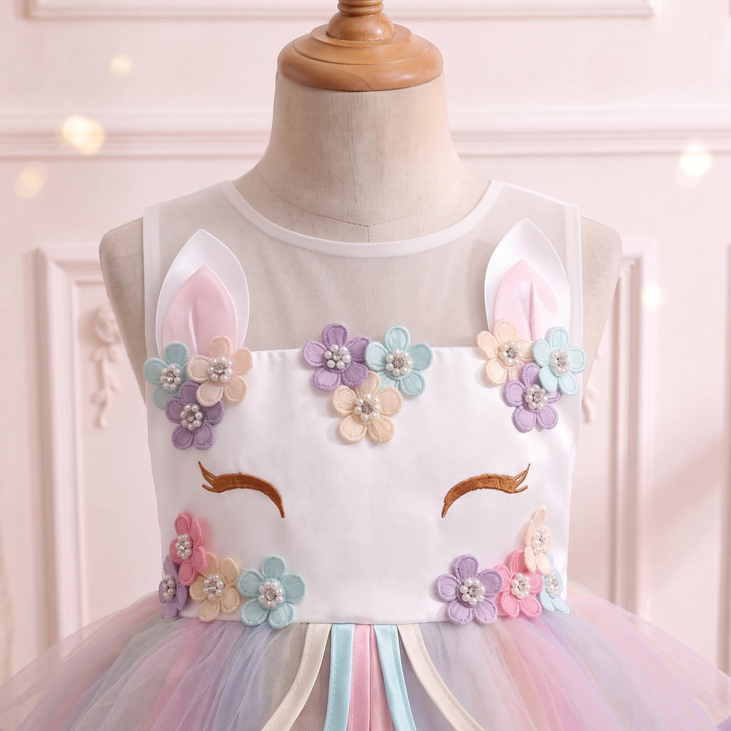 Close up of the white unicorn-face bodice: standing ears, pearl-centered pastel flowers and golden embroidered lashes