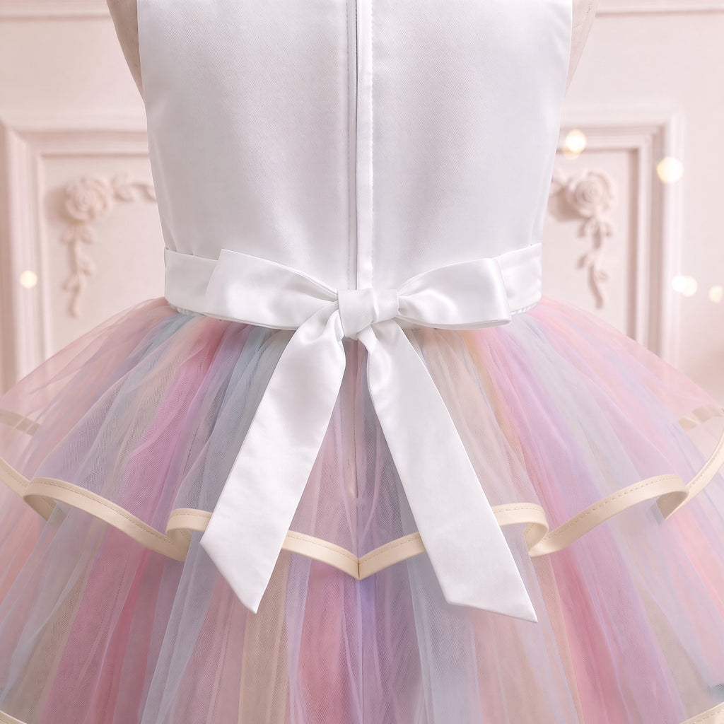 Close up of the white satin bow with long streamers at the back waist