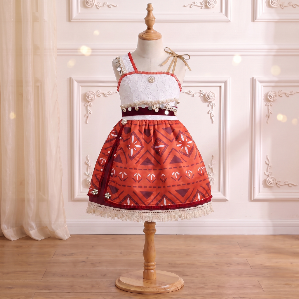 Front view of the Island Princess Wayfinder Dress on a mannequin, dress only: lace bodice, shell belt and tapa print skirt with the crimson side sash