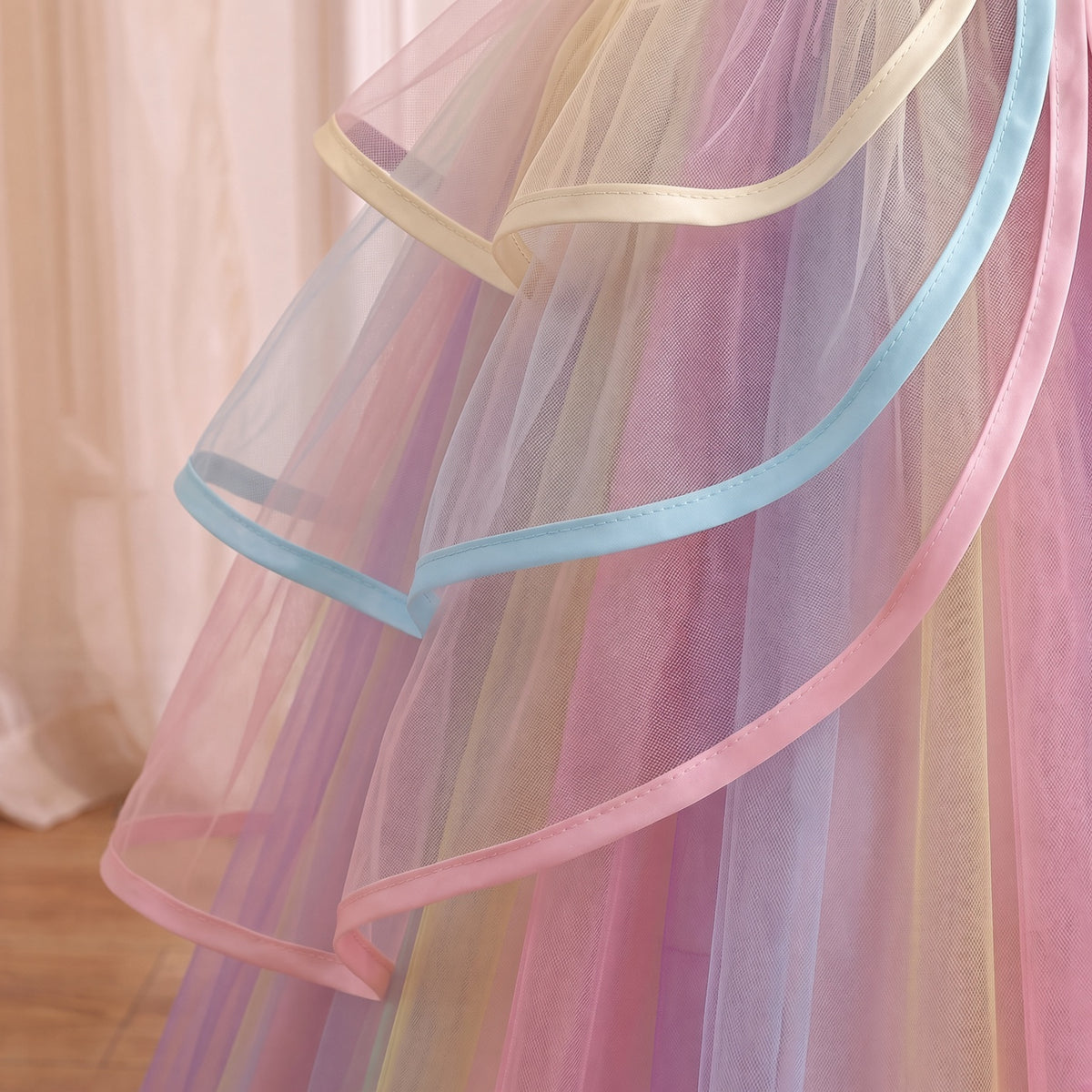 Close up of the cream, sky blue and pink ribbon edges on the petal ruffles