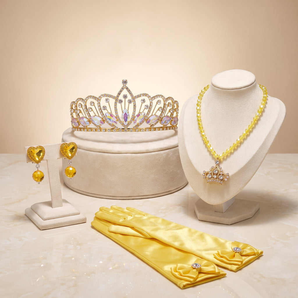 Golden Accessory Set flat lay: rhinestone tiara, yellow bead crown-pendant necklace, yellow heart clip-on earrings and yellow satin gloves