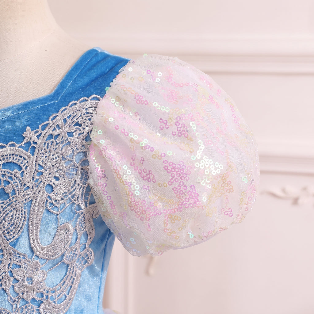 Close up of an iridescent white sequin puff sleeve beside the silver lace on the royal blue bodice