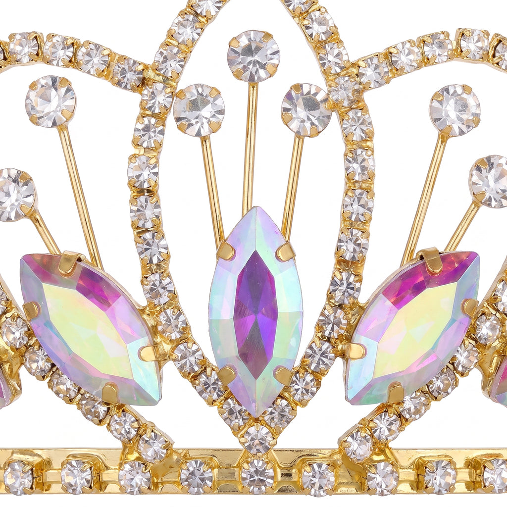 Close up of the center peak of the tiara with its tall iridescent stone