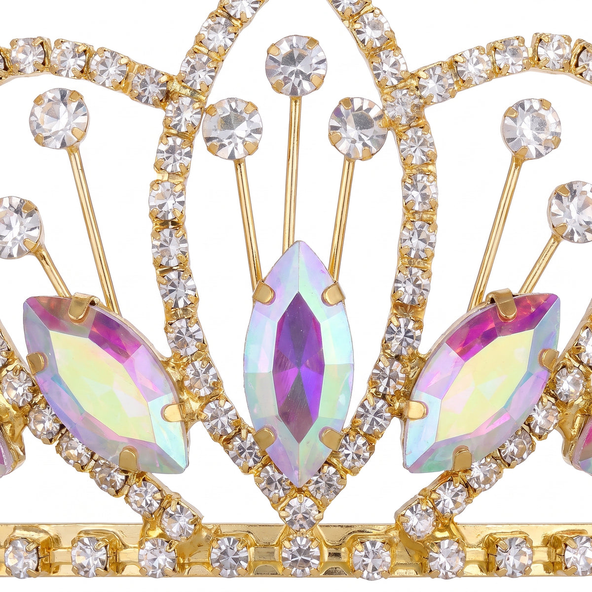 Close up of the center peak of the tiara with its tall iridescent stone