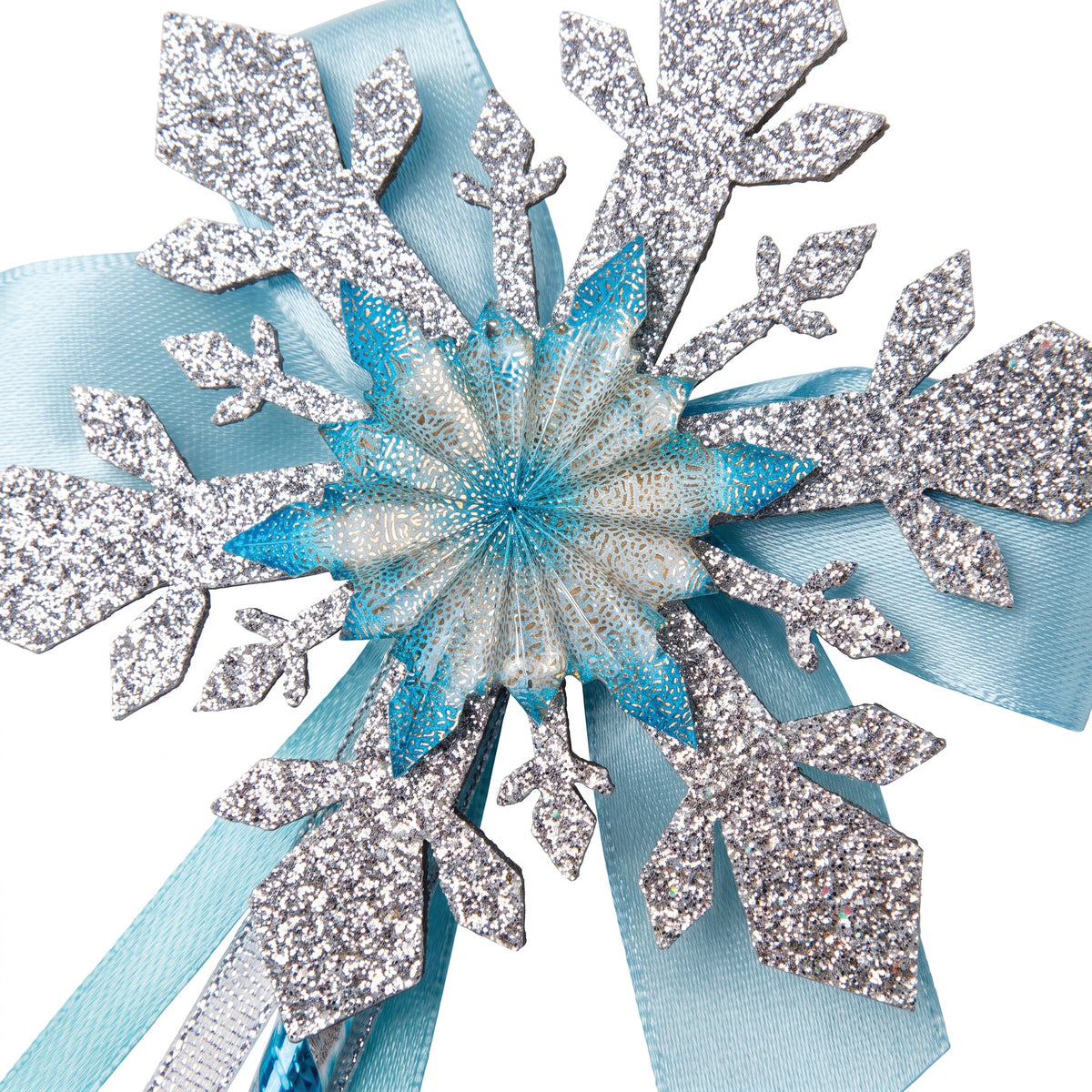 Close up of the silver glitter snowflake wand topper with its blue ribbon bow