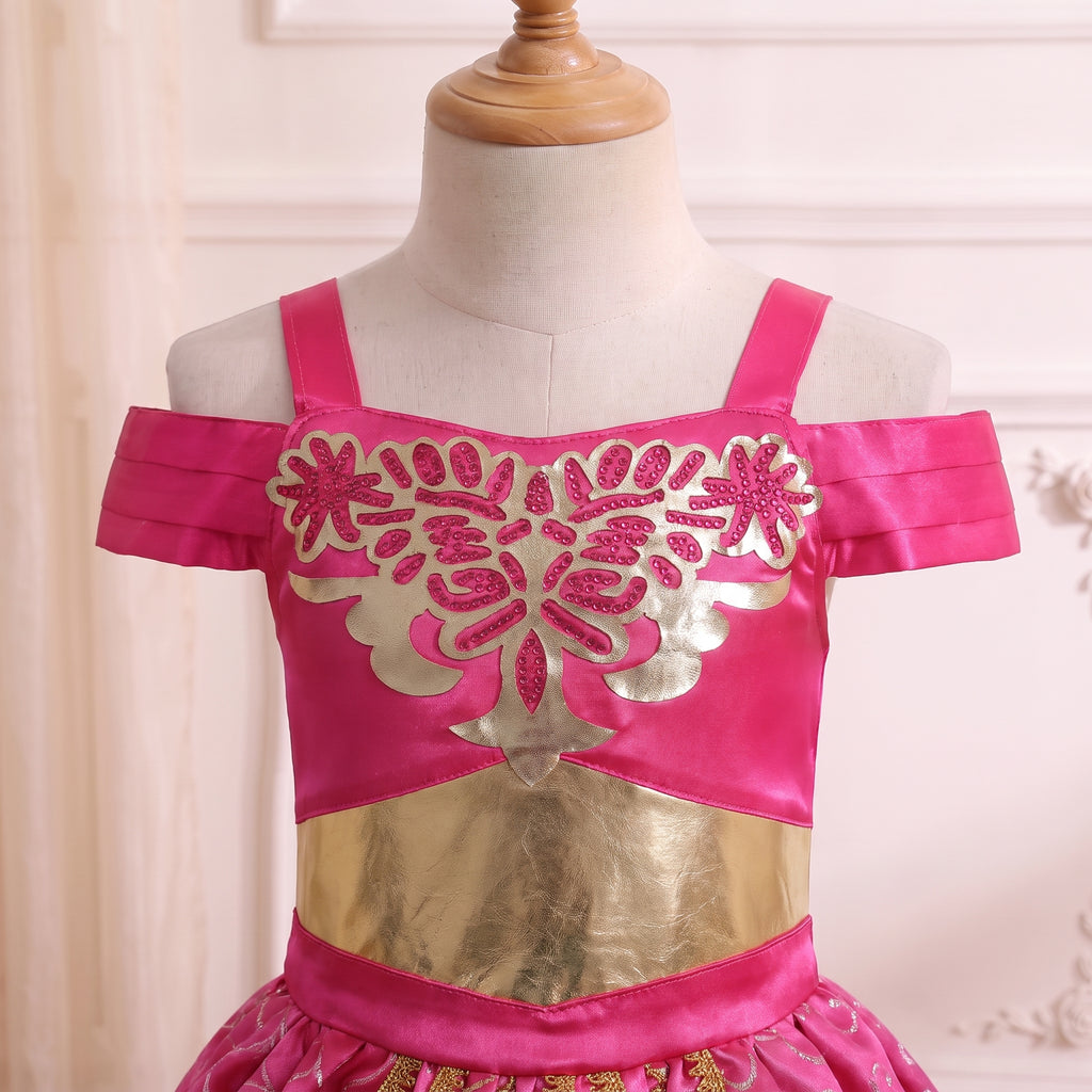 Close up of the gold cut-out damask applique bodice with pink crystals and gold lame waistband
