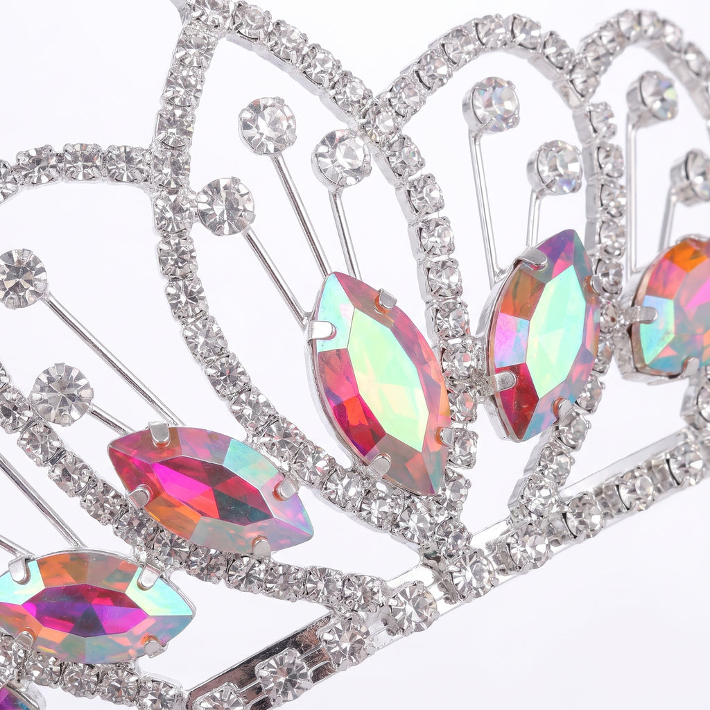 Close up of the iridescent marquise stones and clear rhinestones on the tiara