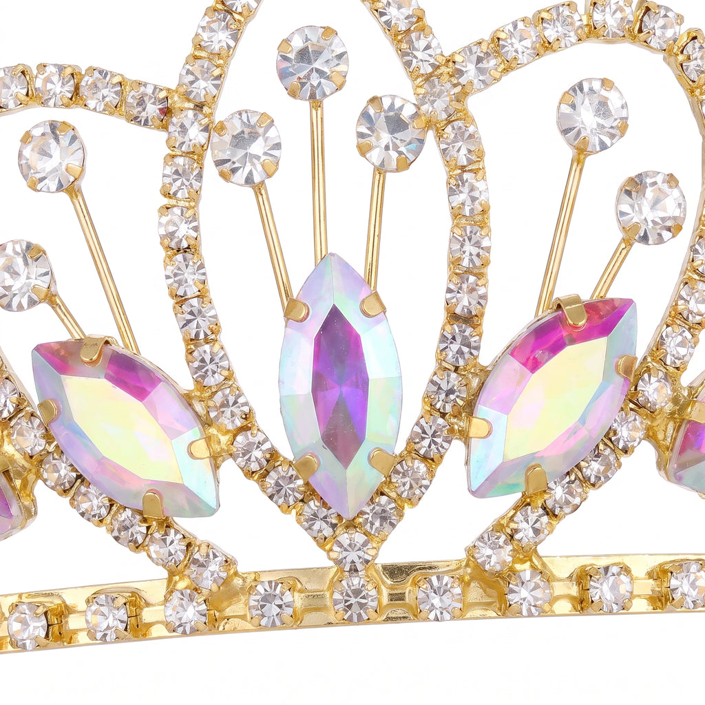 Close up of the iridescent marquise stones on the gold-tone tiara