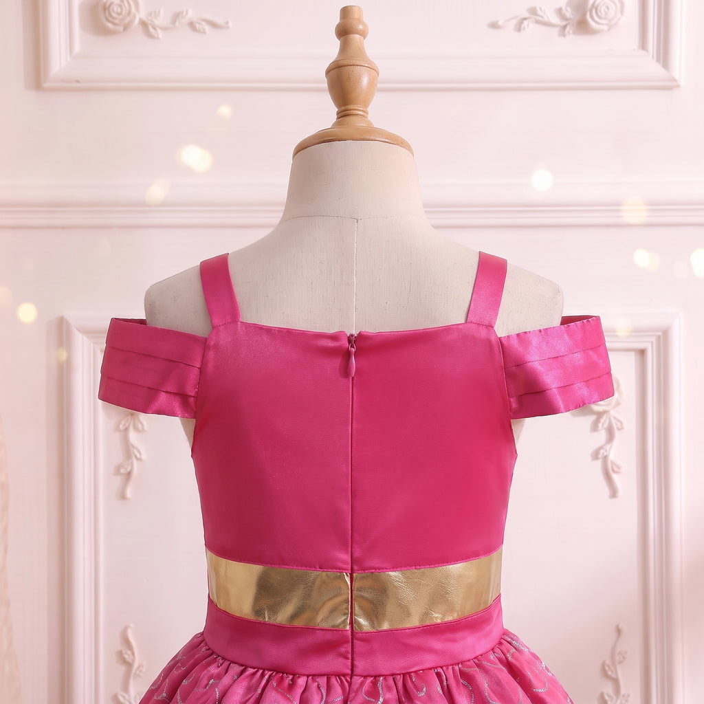 Close up of the back bodice with cold shoulder pleated satin bands and smooth zip closure