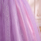 Close up of the lavender glitter tulle skirt layers on the Rapunzel gown, glitter that does not shed