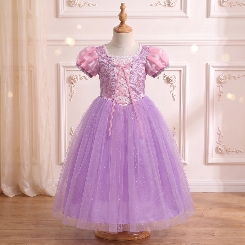 Front view of the Rapunzel Lavender Tower Princess Gown on a mannequin: glitter scrollwork bodice, ribbon lace-up front, lavender tulle skirt