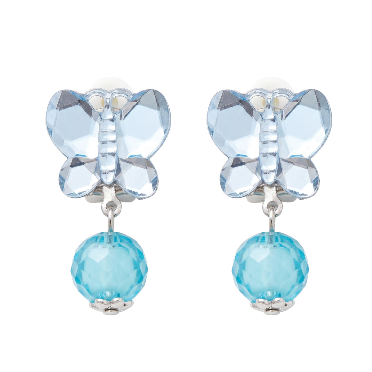 Pale blue faceted butterfly clip-on earrings with aqua bead drops