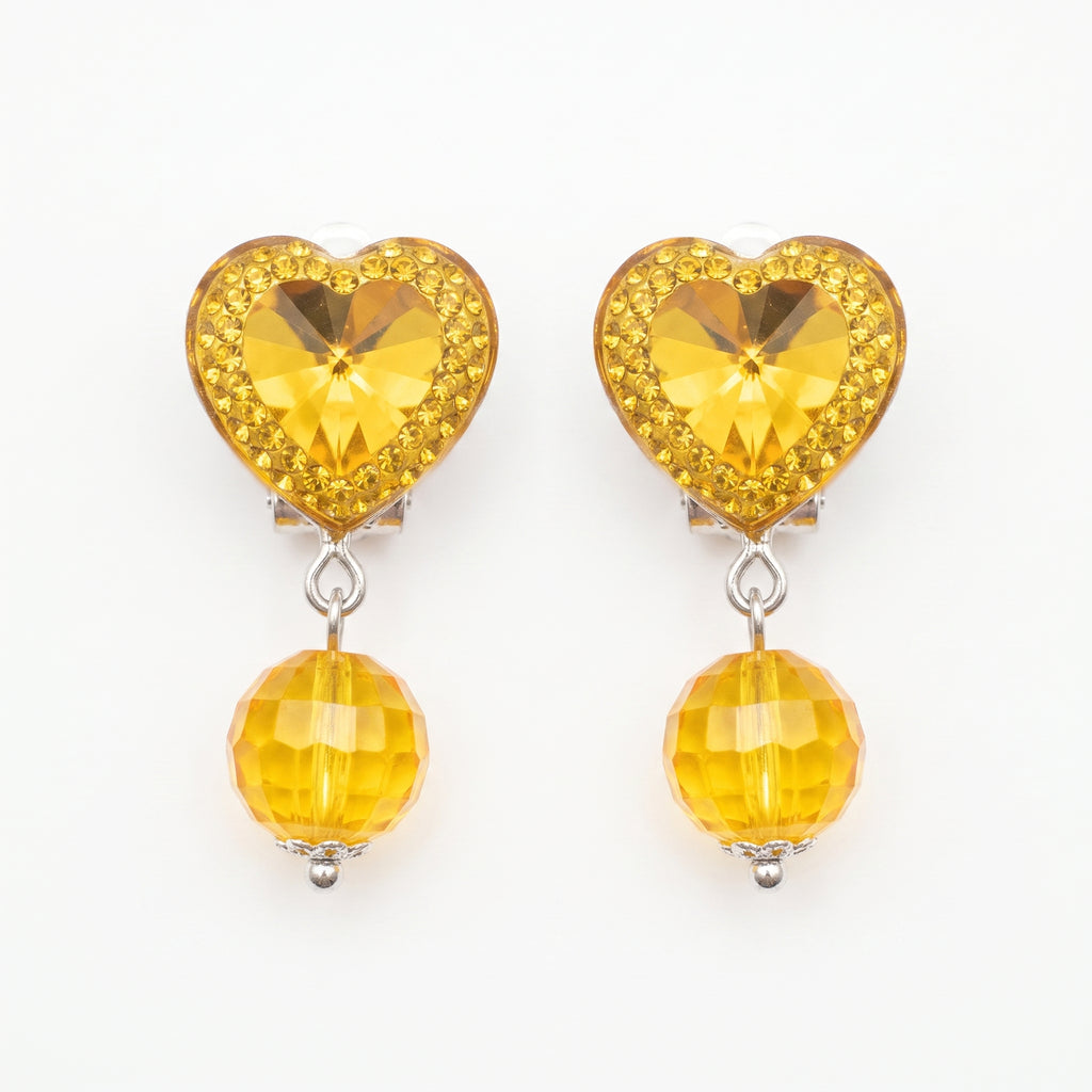 Yellow heart clip-on earrings with faceted yellow bead drops