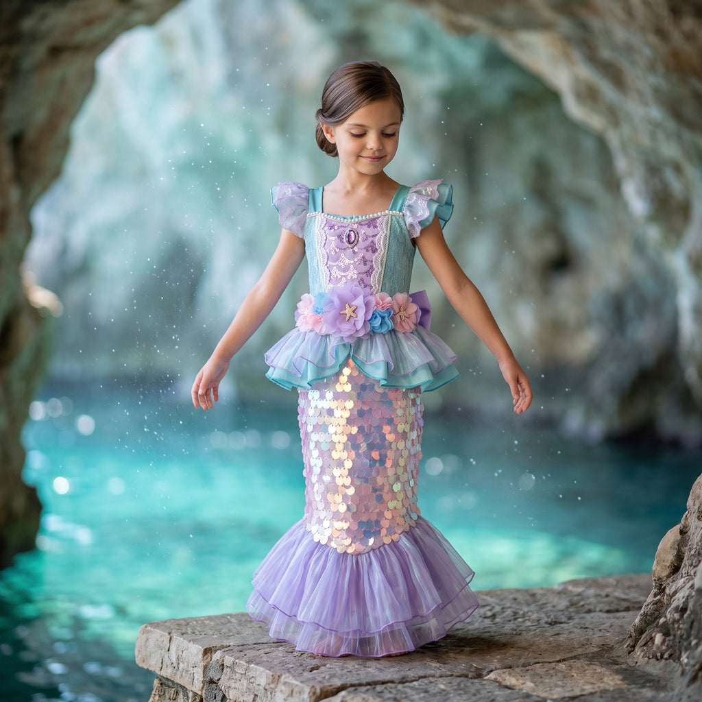 Girl in the Little Mermaid Shimmering Gown standing on rocks in a sea cave, front view
