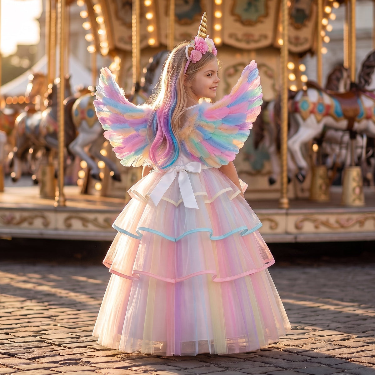 Back view of a girl in the White Rainbow Unicorn Ribbon Gown with pastel feather wings and horn headband beside a carousel