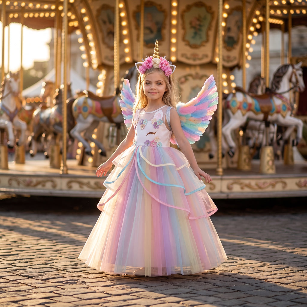 Girl in the White Rainbow Unicorn Ribbon Gown with unicorn horn headband and pastel wings, front view at a carousel