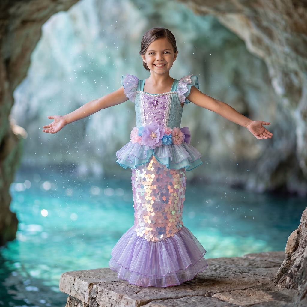 Girl with arms out in the Little Mermaid Shimmering Gown showing the sequin scale skirt and lilac ruffle hem