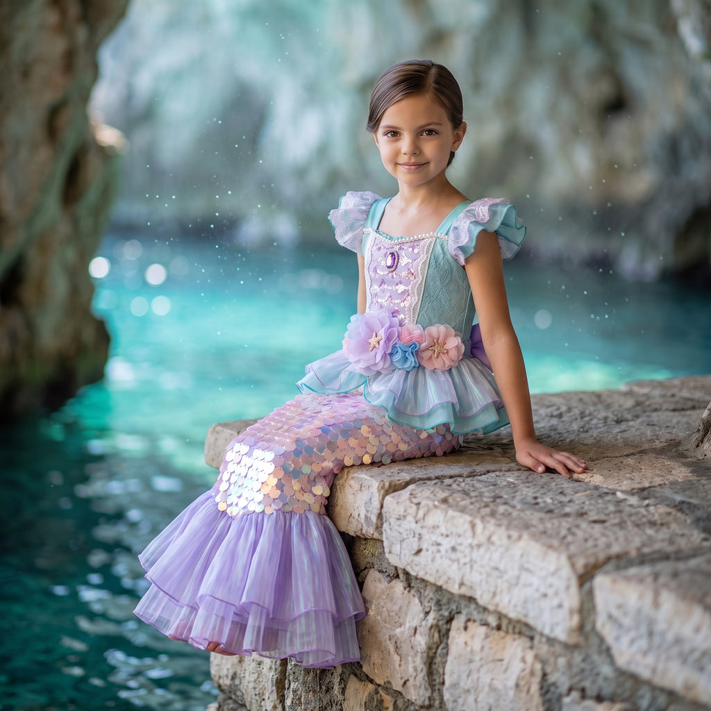 Girl sitting on the rocks in the Little Mermaid Shimmering Gown