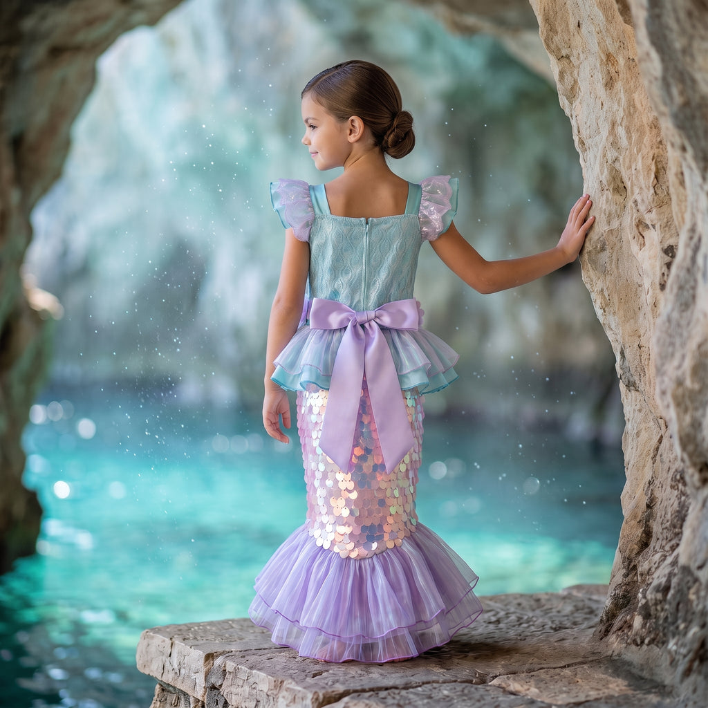 Back view of a girl in the mermaid gown showing the lilac satin bow