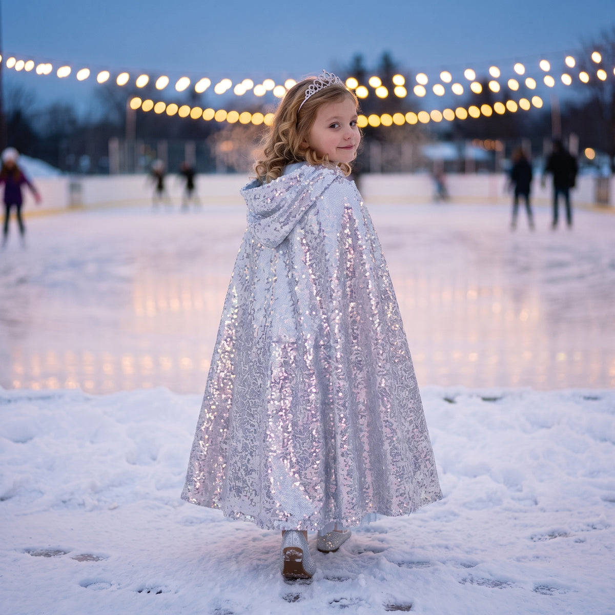 Girl in the Silver Sequined Cape at an ice rink, front view, hood down