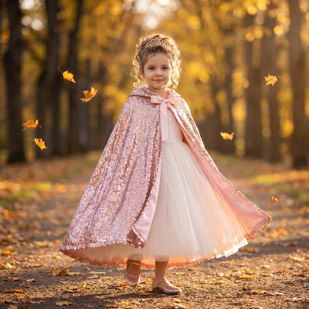 Girl in the rose gold sequin cape open over an ivory dress, front view