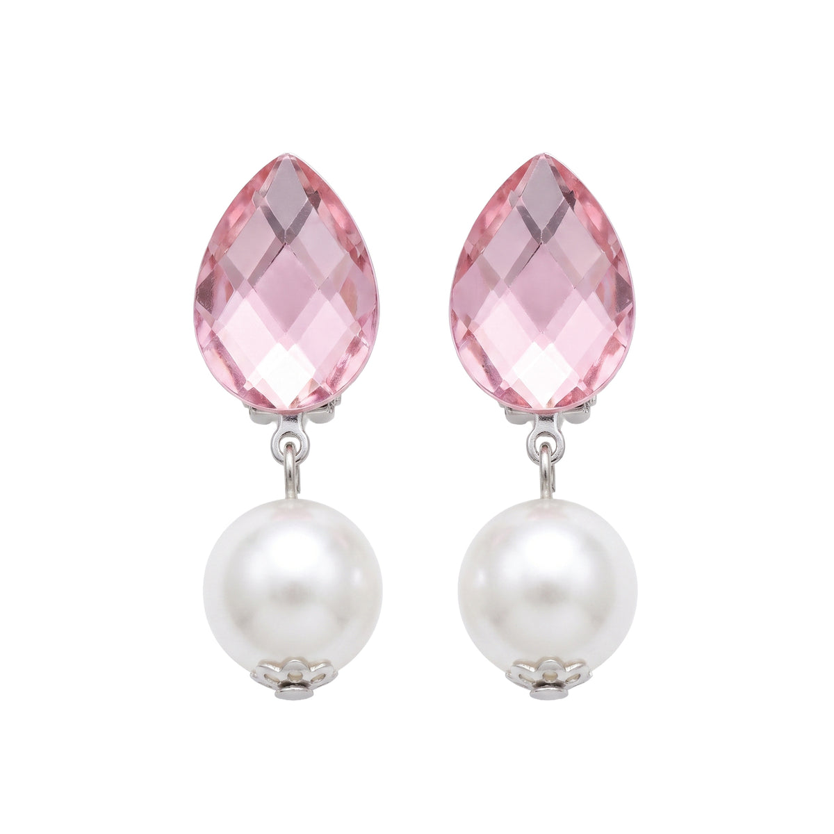 Pink teardrop clip-on earrings with pearl drops