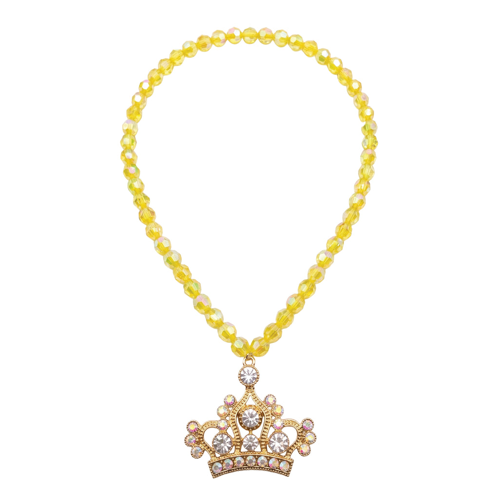 Faceted yellow bead necklace with a gold crown pendant