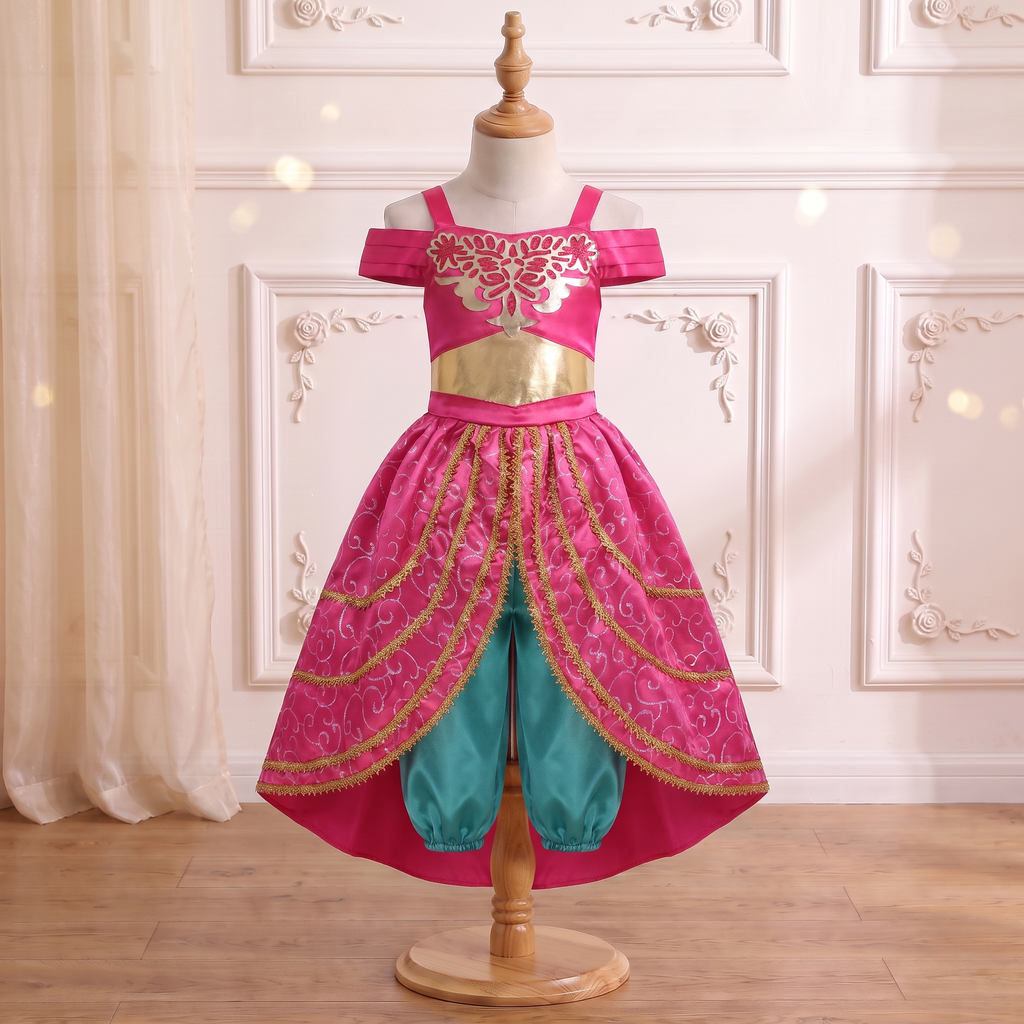 Front view of the Jasmine inspired dress on a mannequin showing the gold applique bodice, tiered overskirt, and teal harem pants