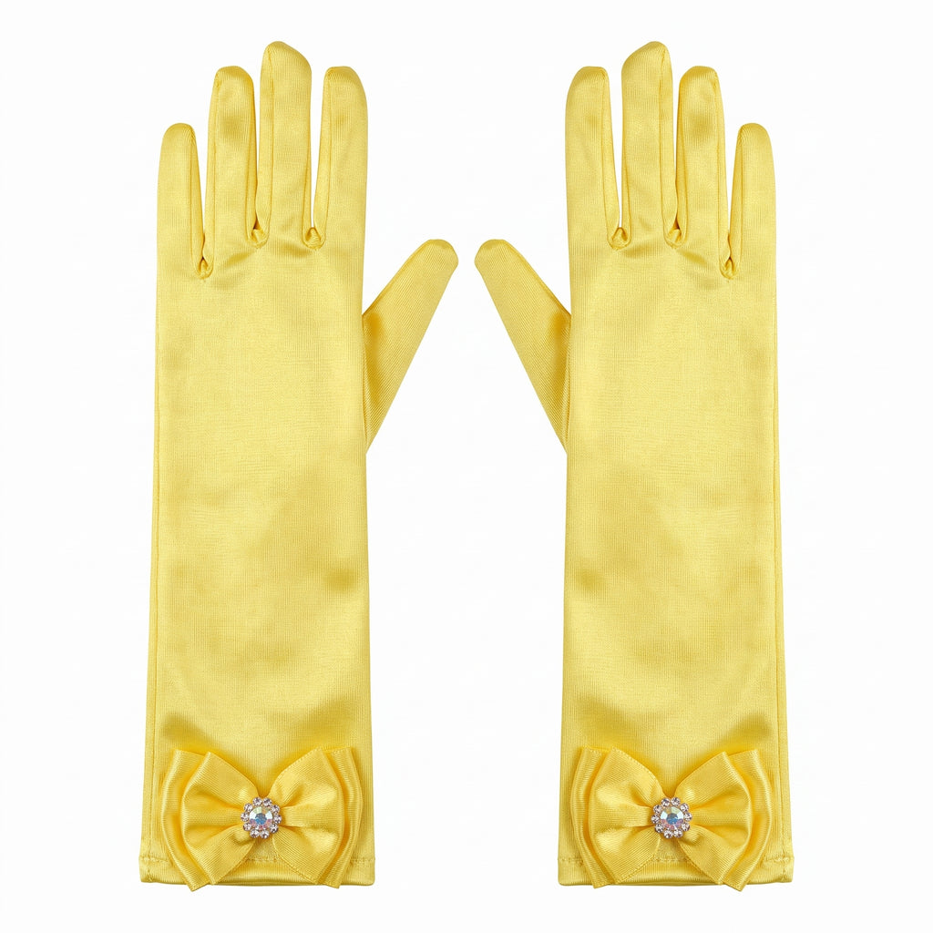 Long yellow satin gloves with a satin bow and rhinestone button at each cuff