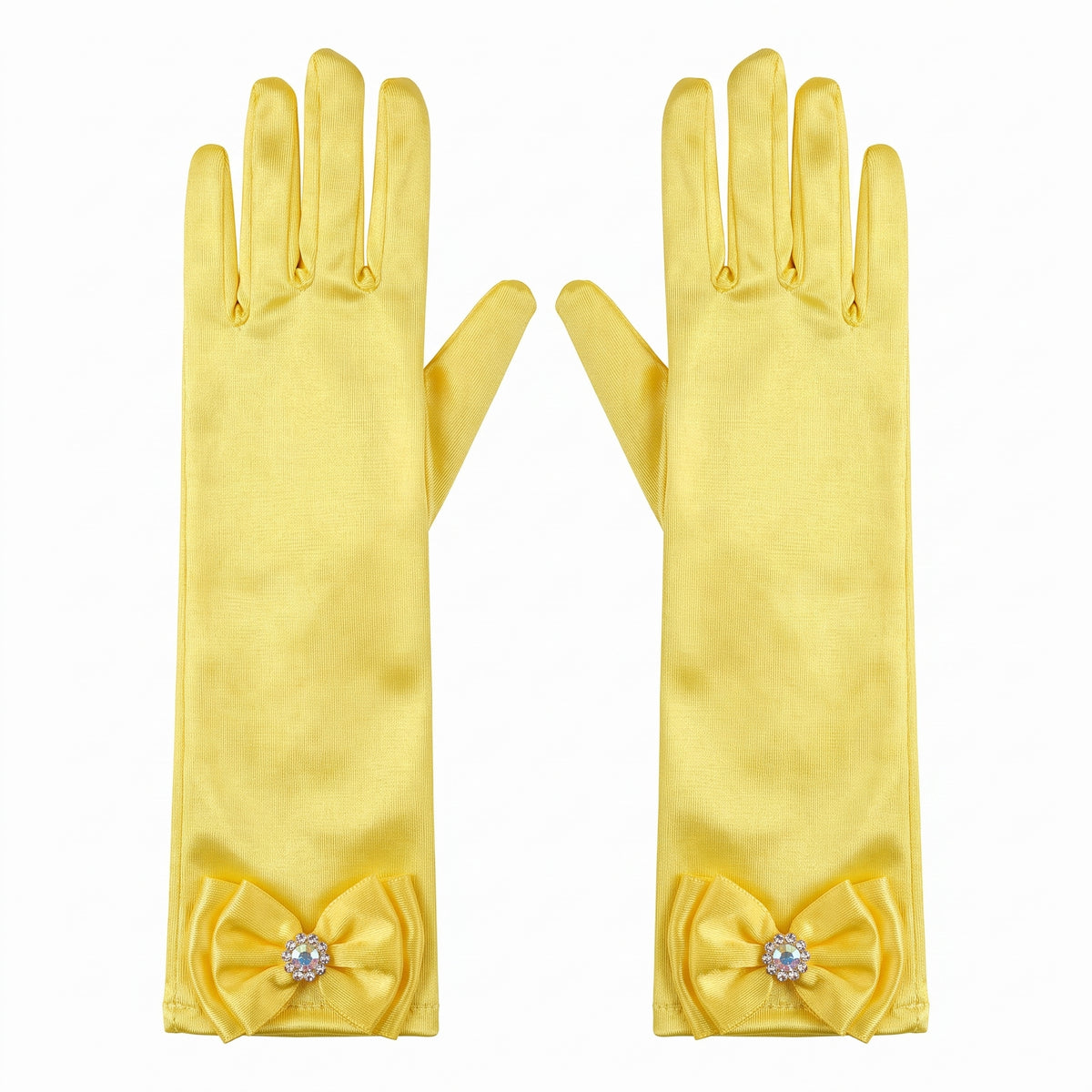 Long yellow satin gloves with a satin bow and rhinestone button at each cuff