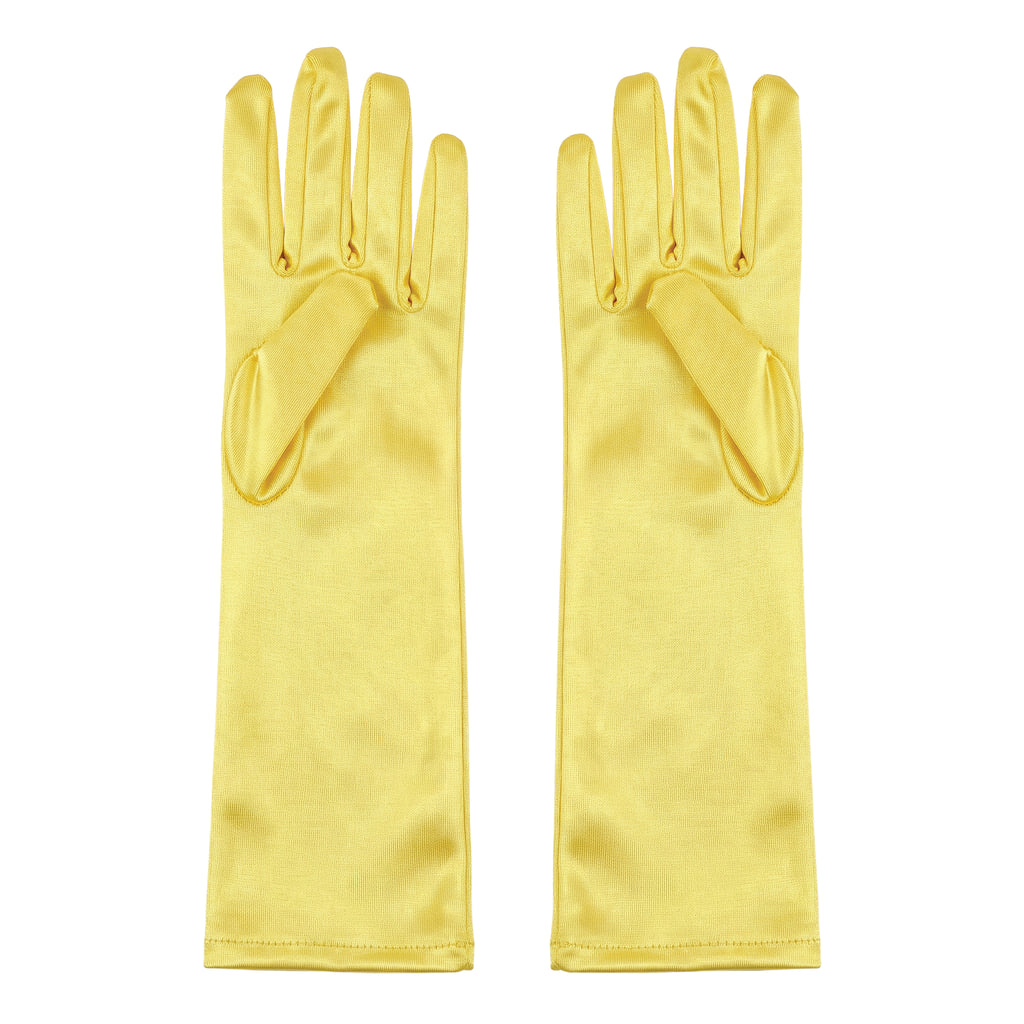Long yellow satin gloves, back view